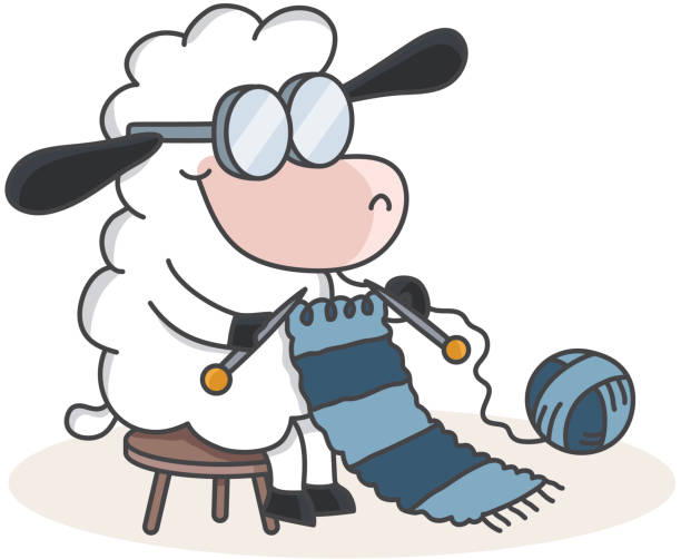 vector drawing of an older sheep with large glasses knitting a blue scarf